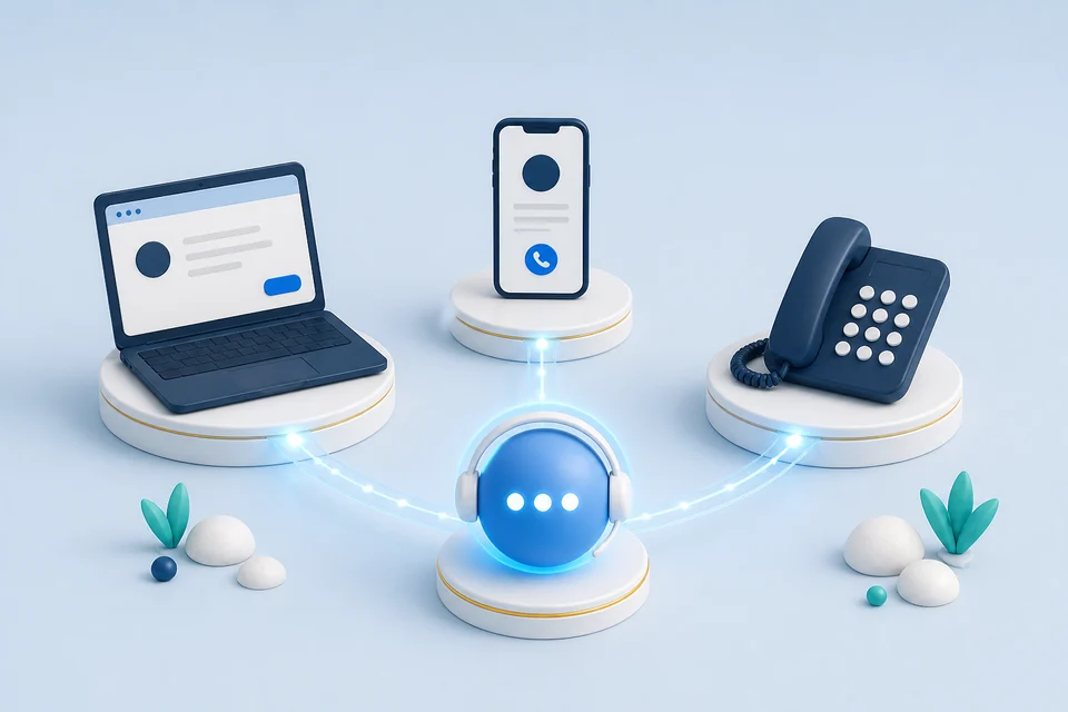 Web, mobile, desk phone, and AI answering options connected together