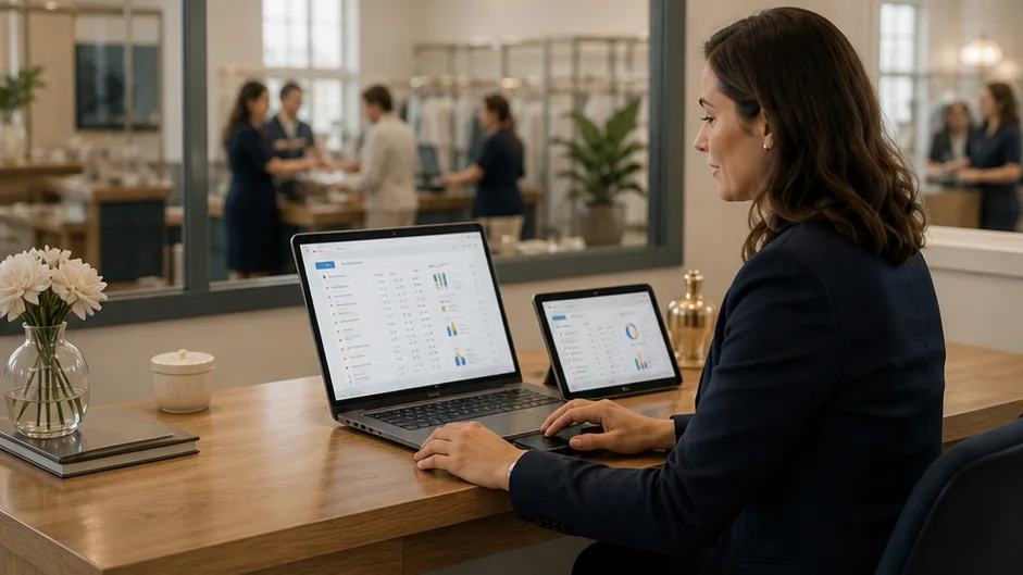 A bridal manager reviewing call activity on a computer and tablet